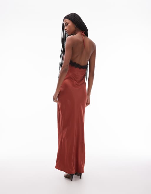 ASOS DESIGN – – Neckholder-Maxikleid aus Satin in Rost mit schmalen Trägern und Spitzenbesatz, 3 von 4