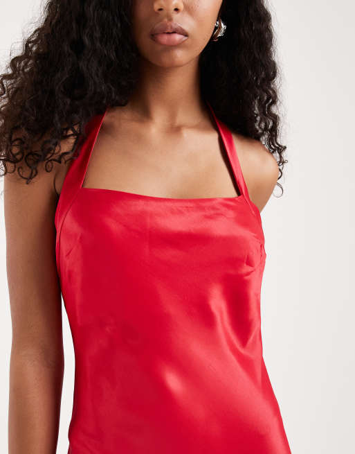 ASOS DESIGN – Neckholder-Maxikleid aus Satin in Rot mit tiefem Rückenausschnitt, 2 von 4