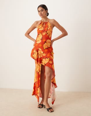 ASOS DESIGN – Neckholder-Maxikleid aus Satin mit Blumenprint und Rüschensaum - view 1