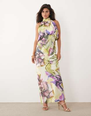 Neckholder-Maxikleid aus Satin mit gemaltem Blumenmuster und Blousonärmeln-Mehrfarbig Mehrfarbig 40