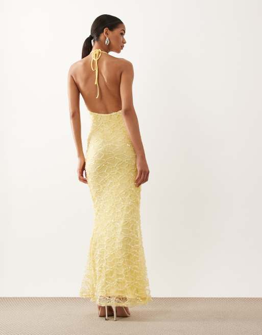 ASOS DESIGN – Neckholder-Maxikleid aus Spitze in Buttermilchgelb mit Paillettenbesatz, 4 von 4