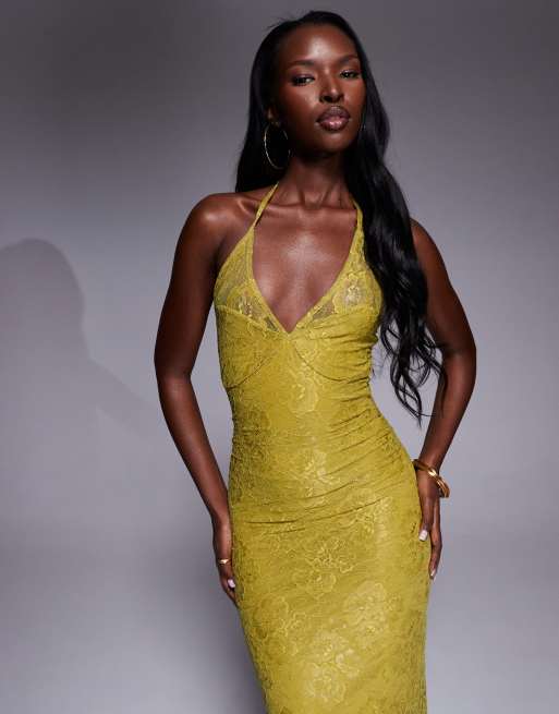 ASOS DESIGN – Neckholder-Maxikleid aus Spitze in Chartreuse, 3 von 4