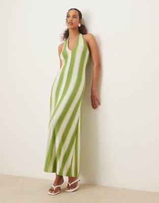 ASOS DESIGN - Neckholder-Maxikleid in Grün gestreift-Bunt