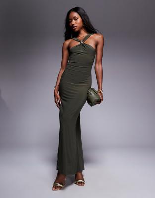ASOS DESIGN - Neckholder-Maxikleid in Khaki mit Besatz und verdrehtem Rücken-Detail-Grün