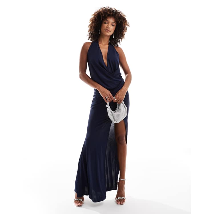 ASOS DESIGN – Neckholder-Maxikleid in Marineblau mit gewickelter 