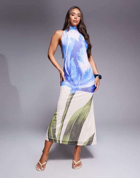 ASOS DESIGN – Neckholder-Maxikleid mit blauem Blumenprint, Rückenausschnitt und Drapierung - view 1