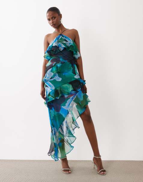 ASOS DESIGN – Neckholder-Maxikleid mit Blumenmuster in Blau-Grün und Rüschen - view 1