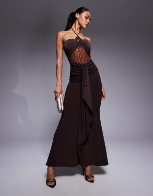 ASOS DESIGN - Neckholder-Maxikleid mit Spitzeneinsatz-Braun