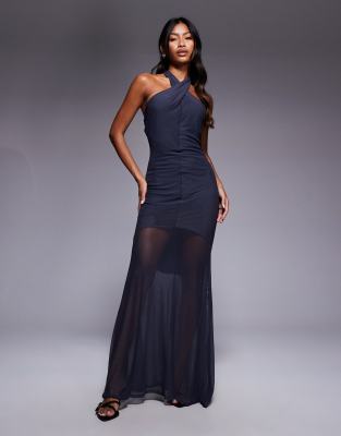 ASOS DESIGN - Neckholder-Maxikleid mit transparentem Rock und verdrehtem Detail-Grau