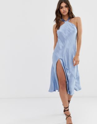 asos design -  – Neckholder-Midikleid aus stark glänzendem Satin-Blau