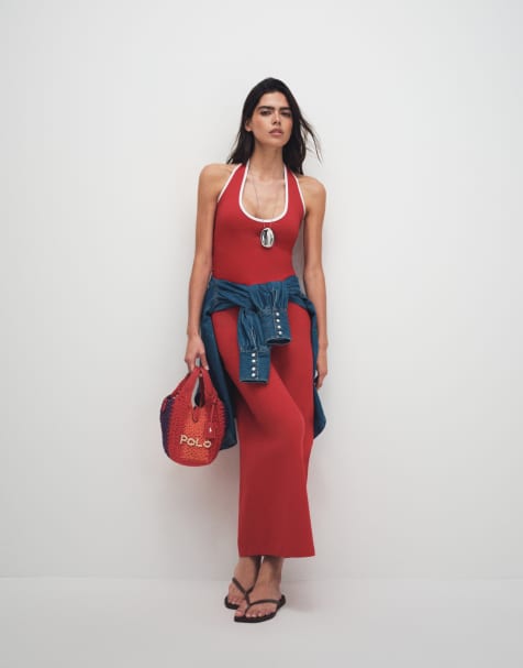 ASOS DESIGN – Neckholder-Midikleid in Rot mit kontrastierender Einfassung in Weiß - view 1