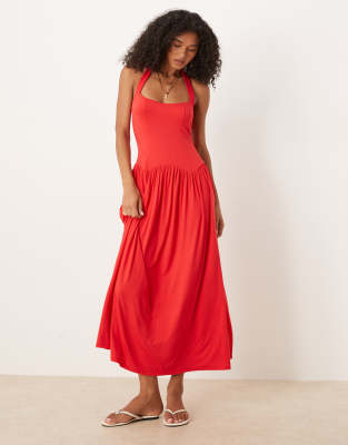 ASOS DESIGN - Neckholder-Midikleid in Rot mit tiefer Taille