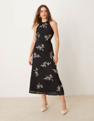 ASOS DESIGN - Neckholder-Midikleid in Schwarz mit All-over-Blumenprint, Stickerei und Rückenausschnitt