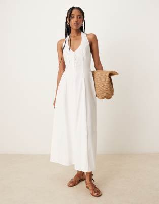 ASOS DESIGN - Neckholder-Midikleid in Weiß mit Godet-Saum