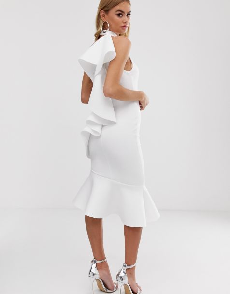 ASOS DESIGN – Neckholder-Midikleid mit One-Shoulder-Träger und Rüschenbesatz
