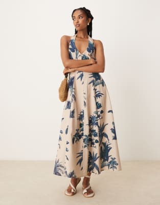 ASOS DESIGN - Neckholder-Midikleid mit Palmenmuster und Godet-Saum-Bunt