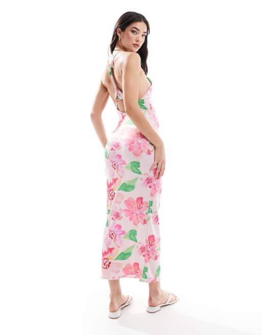 ASOS DESIGN – Neckholder-Midikleid mit verdrehter Rückseite und Blumenmuster in Rosa, 3 von 4