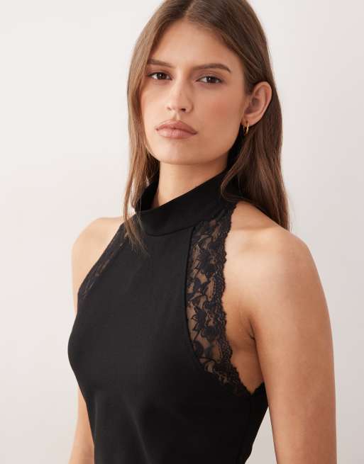ASOS DESIGN – Neckholder-Minikleid in Schwarz mit Spitzenbesatz, 2 von 4