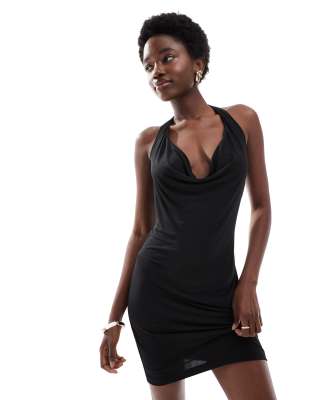ASOS DESIGN - Neckholder-Minikleid in Schwarz mit Wasserfallausschnitt
