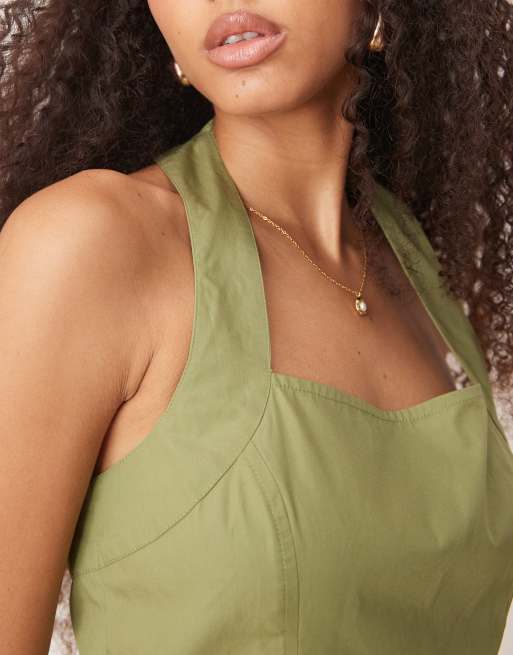 ASOS DESIGN – Neckholder-Minikleid in verwaschenem Khaki mit Rüschensaum, 3 von 4