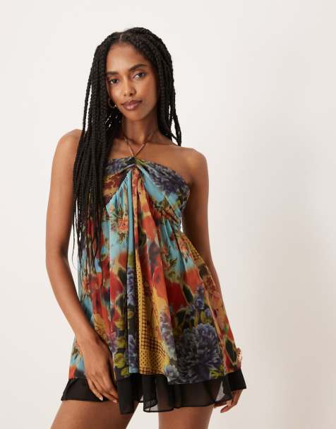 ASOS DESIGN – Neckholder-Minikleid mit Patchwork-Print und Kontrastsaum - view 1