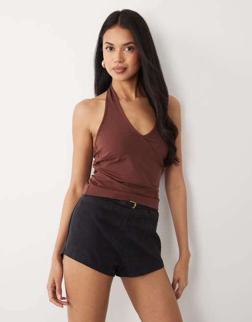 ASOS DESIGN – Neckholder-Oberteil aus Baumwolle in Braun mit tiefem Ausschnitt, 2 von 4