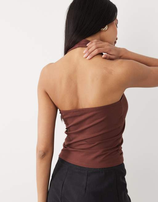 ASOS DESIGN – Neckholder-Oberteil aus Baumwolle in Braun mit tiefem Ausschnitt, 4 von 4