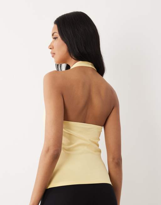 ASOS DESIGN – Neckholder-Oberteil aus Baumwolle in Gelb mit tiefem Ausschnitt, 4 von 4