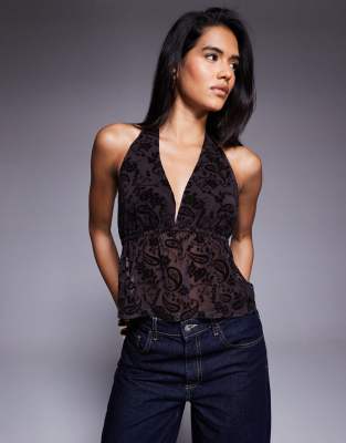 ASOS DESIGN - Neckholder-Oberteil aus durchscheinendem Netzstoff in Schwarz mit beflocktem Blumenmuster und Rückenaussch...