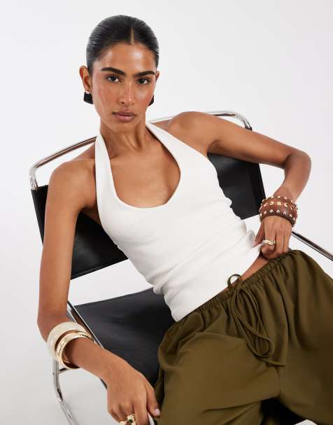 ASOS DESIGN – Neckholder-Oberteil aus kompakter Baumwolle in Elfenbeinweiß - view 1