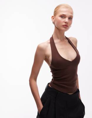 ASOS DESIGN - Neckholder-Oberteil aus kompakter Baumwolle in Schokobraun-Brown