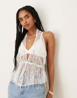 ASOS DESIGN - Neckholder-Oberteil aus Netzstoff in Grau mit mit Paillettenbesatz