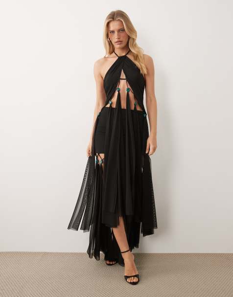 ASOS DESIGN – Neckholder-Oberteil aus Netzstoff in Schwarz mit Fransen und Perlen - view 1