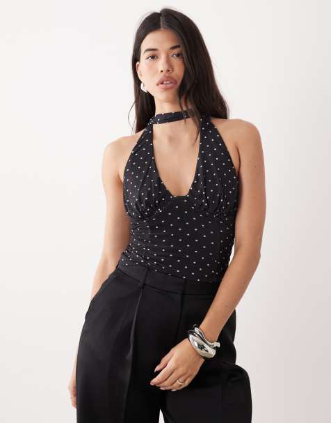 ASOS DESIGN – Neckholder-Oberteil aus Netzstoff mit Polka Dots und Schaldetail, Kombiteil - view 1