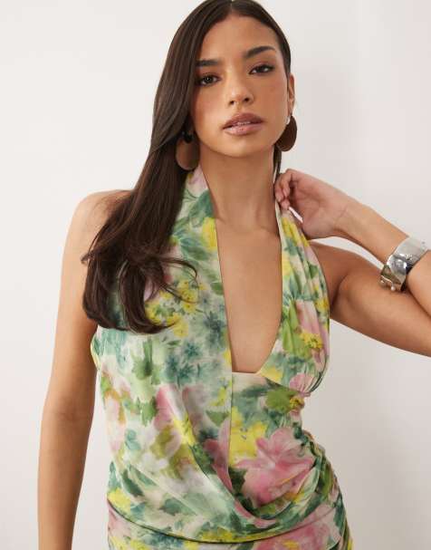 ASOS DESIGN – Neckholder-Oberteil aus Netzstoff mit Schaldetail und Blumenmuster - view 1