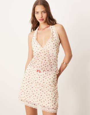 ASOS DESIGN - Neckholder-Oberteil aus Netzstoff mit tiefem Ausschnitt, Spitzenborte und Blümchenmuster-Bunt
