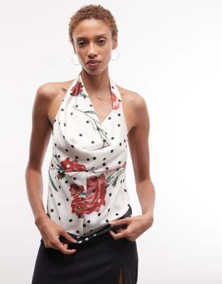 ASOS DESIGN - Neckholder-Oberteil aus Satin mit Punkte- und Blumenmuster-Bunt