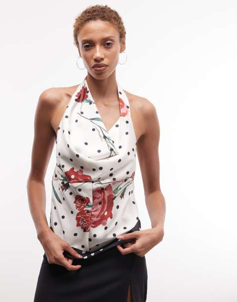 ASOS DESIGN – Neckholder-Oberteil aus Satin mit Punkte- und Blumenmuster - view 1
