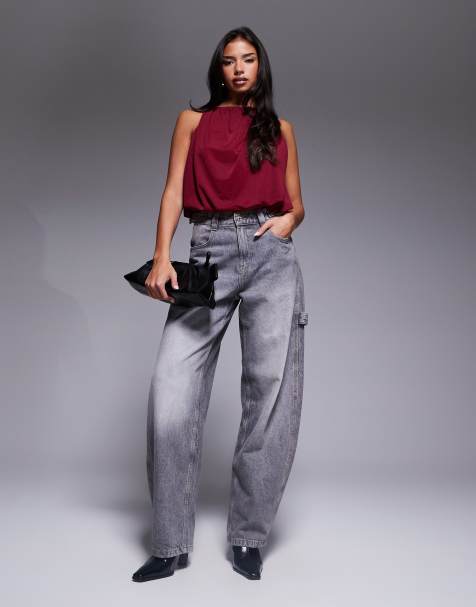 ASOS DESIGN – Neckholder-Oberteil in Burgunderrot mit Ballonsaum - view 1