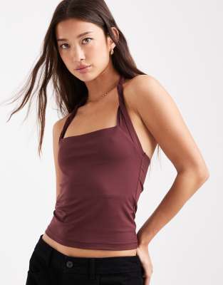 ASOS DESIGN - Neckholder-Oberteil in Feigenlila mit verdrehten Trägern