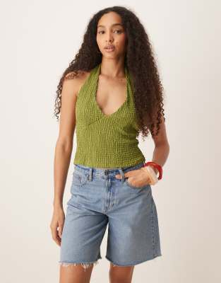 ASOS DESIGN - Neckholder-Oberteil in Grün mit Strukturmuster