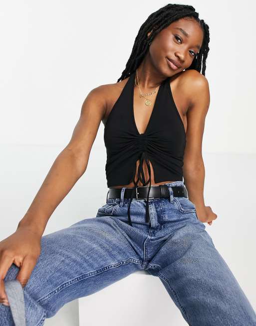 ASOS DESIGN – Neckholder-Oberteil in Schwarz mit gerafftem Detail