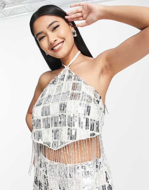 ASOS DESIGN – Neckholder-Oberteil in Silber mit Pailletten- und Perlenverzierung, Kombiteil, 3 von 4