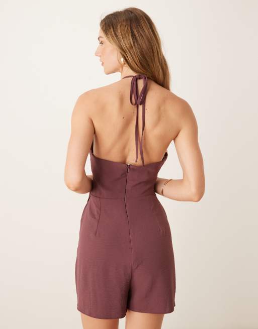 ASOS DESIGN – Neckholder-Playsuit in Weinrot mit Overlay-Detail, 3 von 4