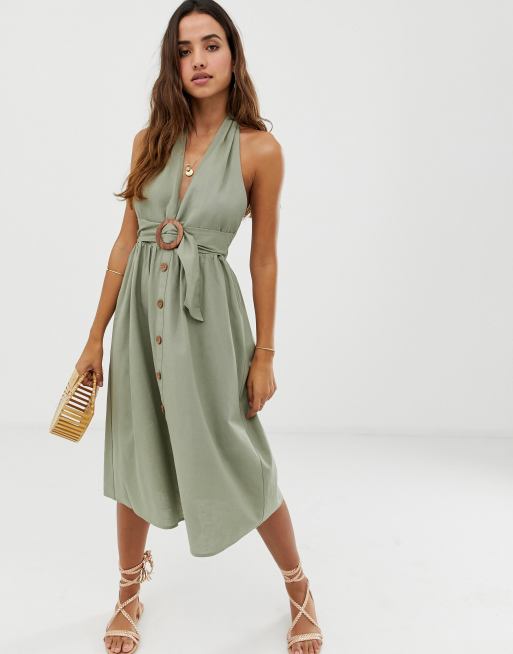 Asos Design Neckholder Sommerkleid Aus Leinen In Midilange Mit Knopfleiste Und Schnalle Asos
