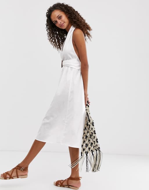 Asos Design Neckholder Sommerkleid Aus Leinen In Midilange Mit Knopfleiste Und Schnalle Asos