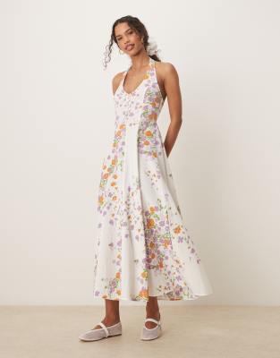 ASOS DESIGN - Neckholder-Sommerkleid in Midilänge mit Blumenmuster und Godet-Saum-Bunt