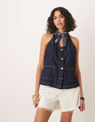 ASOS DESIGN - Neckholder-Weste aus Denim-Marineblau