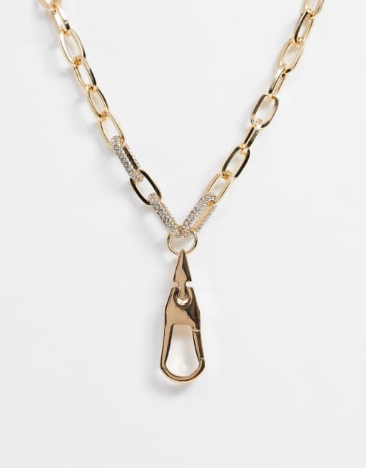 ASOS DESIGN necklace in hardware chain with crystal and clasp pendant