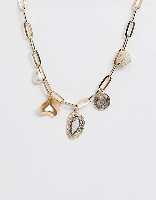 ASOS DESIGN necklace in hardware chain with faux shell and raffia charms and coin pendants in gold tone